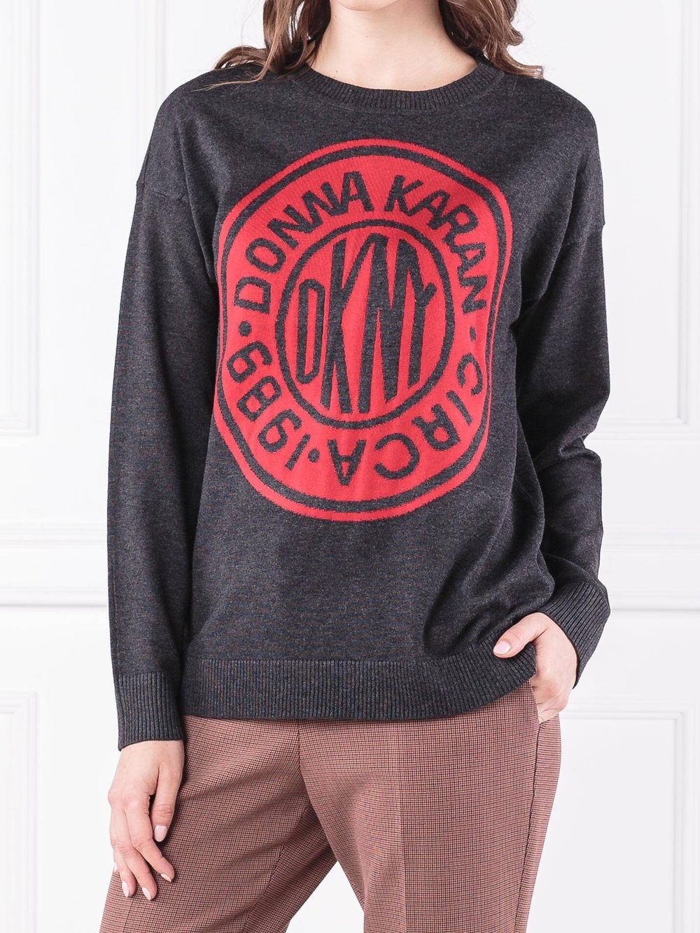 Donna Karan Charcoal Sweater with Red Logo